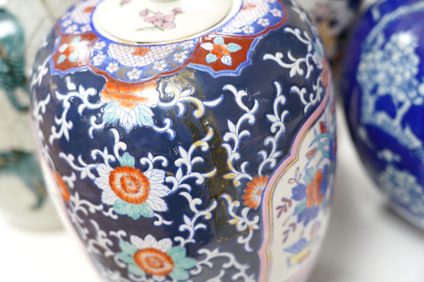 Two Japanese Imari vases and three various Chinese vases, largest 46cm. Condition - poor